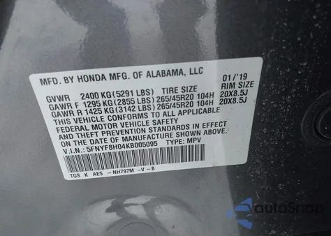 2019 Honda Passport Elite z USA, uszkodzony, nr VIN 5FNYF8H04KB005095